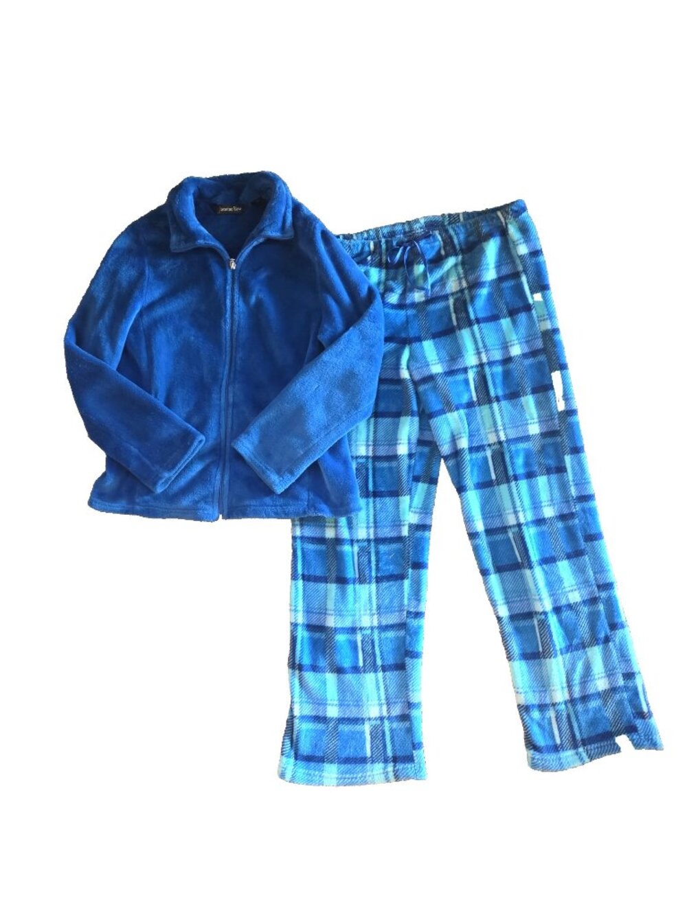 Blue Plaid Fleece Pajamas Lounge Set Zip Top Size Medium Jasmine Rose